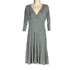 Boden Blue Multi-Color Geo Floral Faux Wrap Lined Classic Spring Midi Dress 10R
